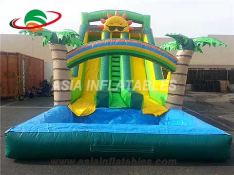 Dual lane palm tree inflatable water slide for commercial
